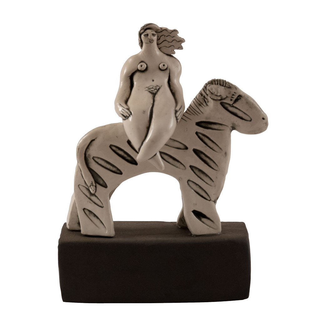 Tania Babb ceramic sculpture lady on zebra